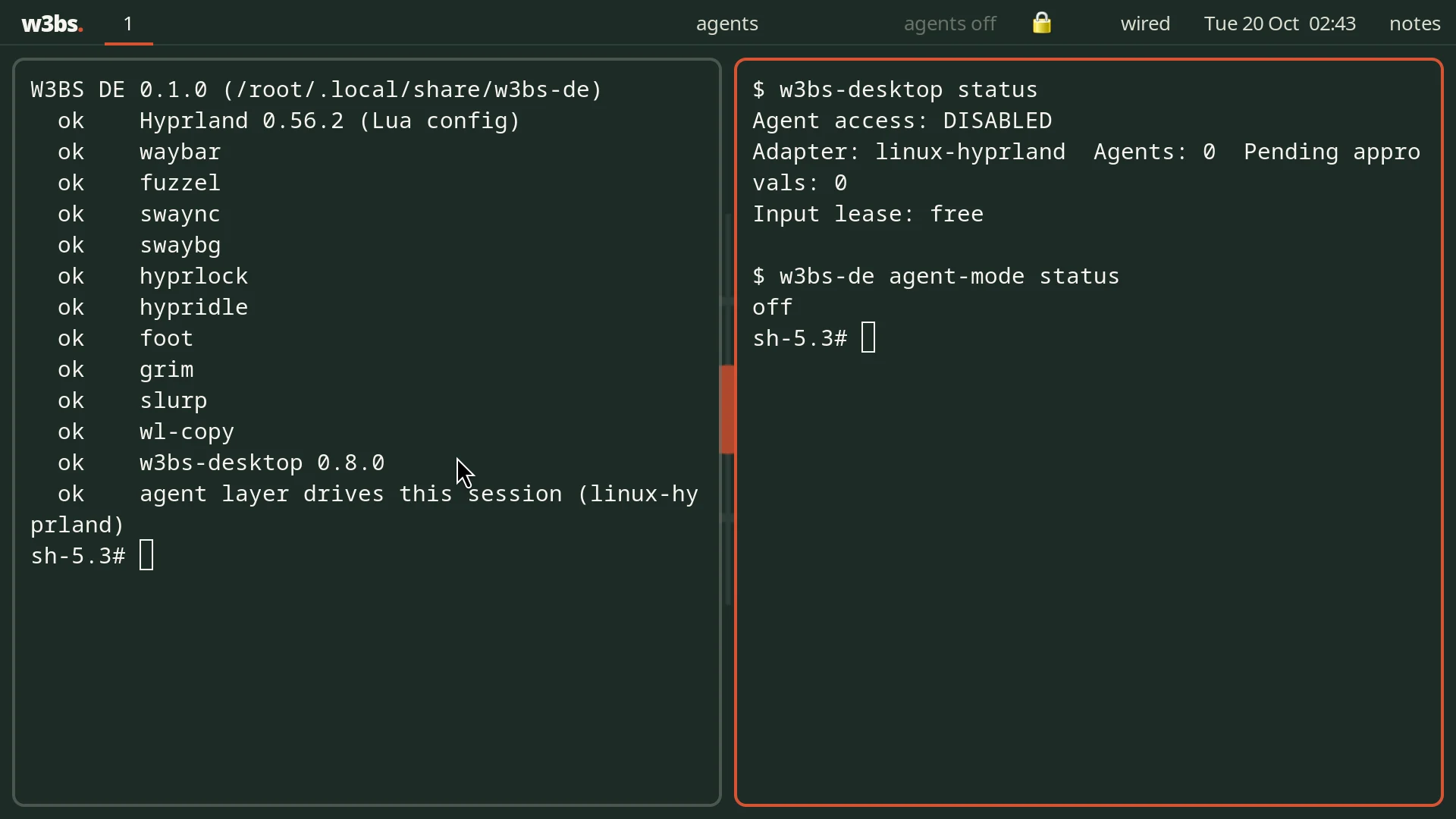 W3BS DE: the w3bs bar at the top with workspaces, the window title, the agent indicator and the clock, two terminals tiled side by side on the dark w3bs wallpaper.